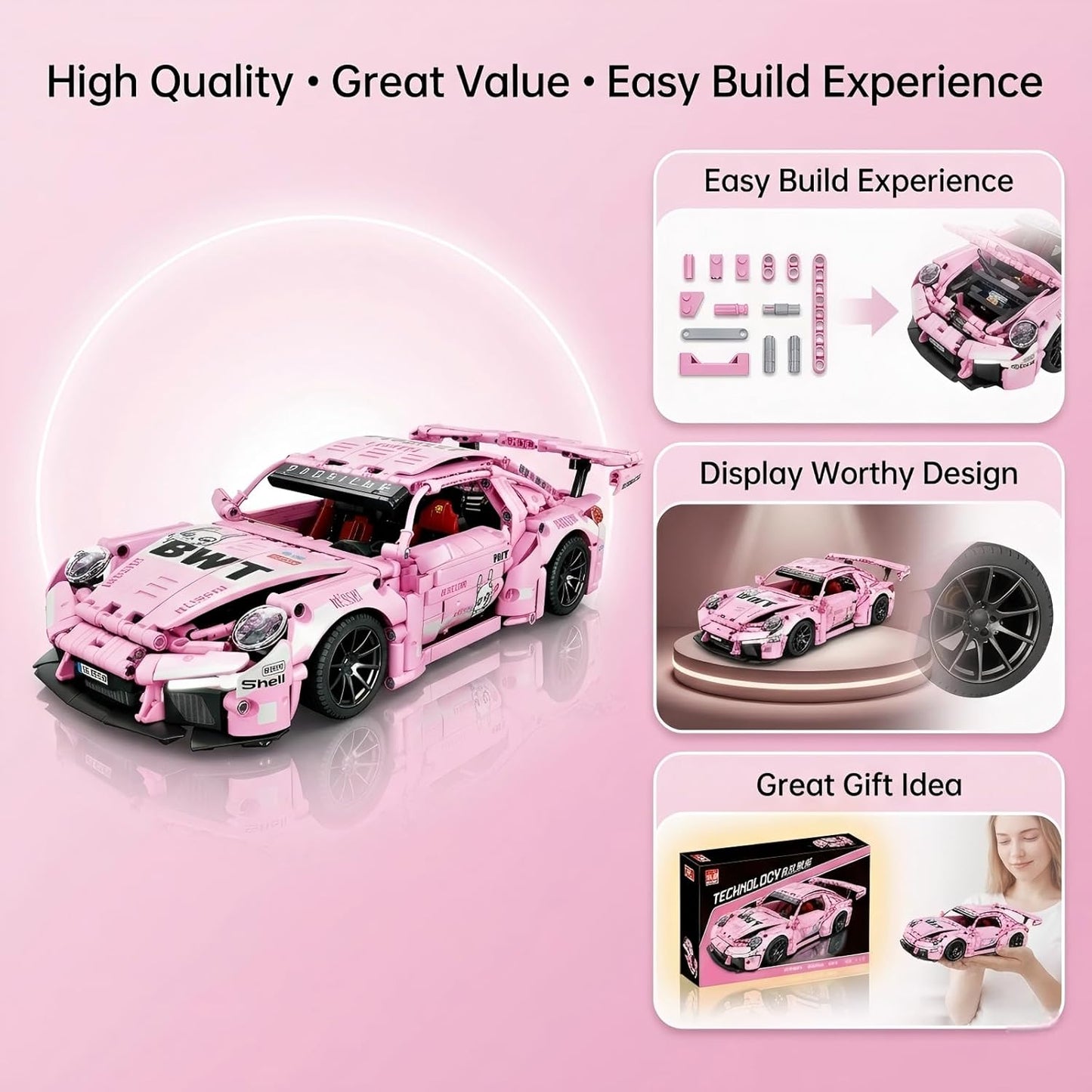 1:14 Pink Sport Racing Car Building Blocks Model Kit(1288 PCS)