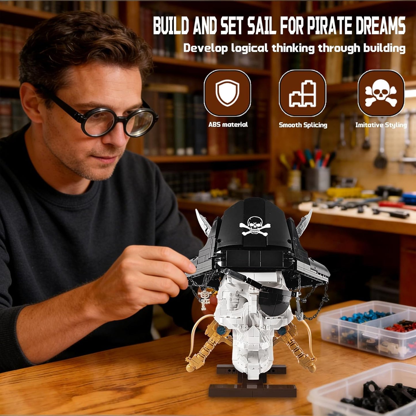 Pirate Skull Building Set with Sword Moving Jaw & Removable Hood