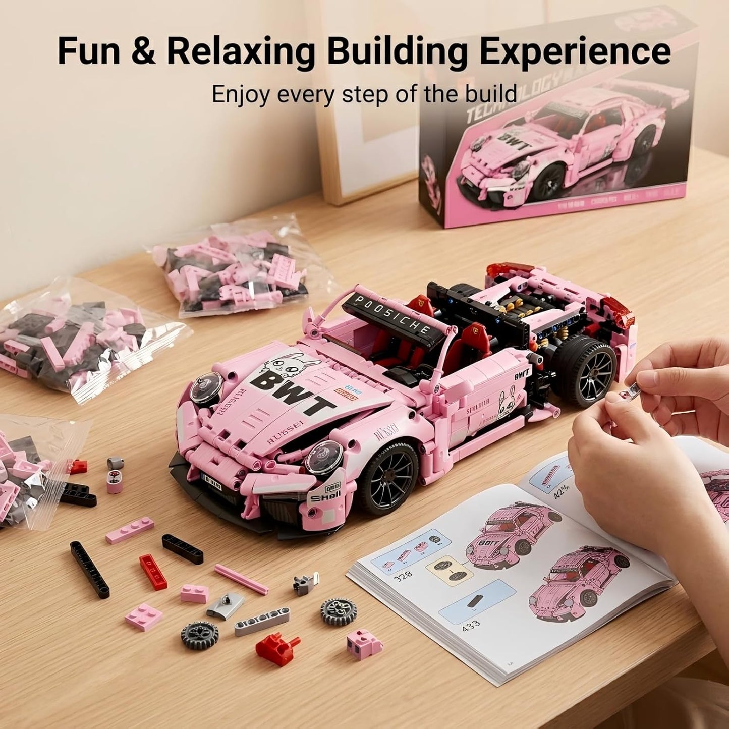 1:14 Pink Sport Racing Car Building Blocks Model Kit(1288 PCS)