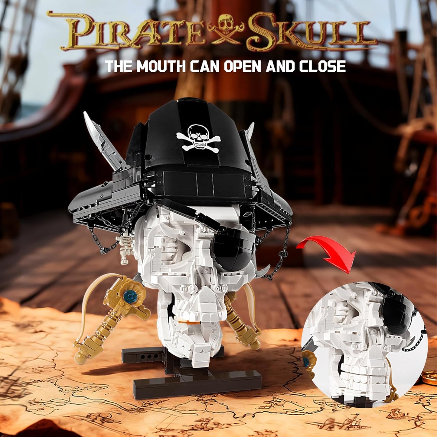 Pirate Skull Building Set with Sword Moving Jaw & Removable Hood